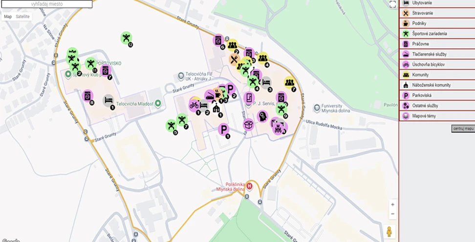 Ukážka: Areál Mlyny – Univerzita Komenského – interaktívna mapa s legendou