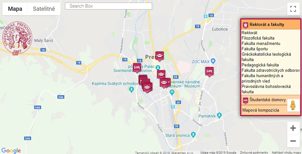 Ukážka: Prešovská univerzita v Prešove – interaktívna mapa s legendou